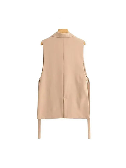 Women Fashion With Taps Side Vents Waistcoat Vintage Sleeveless Front Button Female Outerwear Chic Vest Tops
