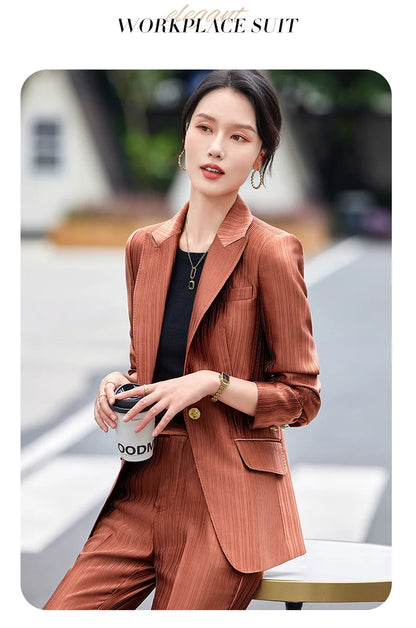 Professional Women's Suit2024New Autumn Green Striped Acetate Suit Workwear Elegant High-end Workplace Formal Wear