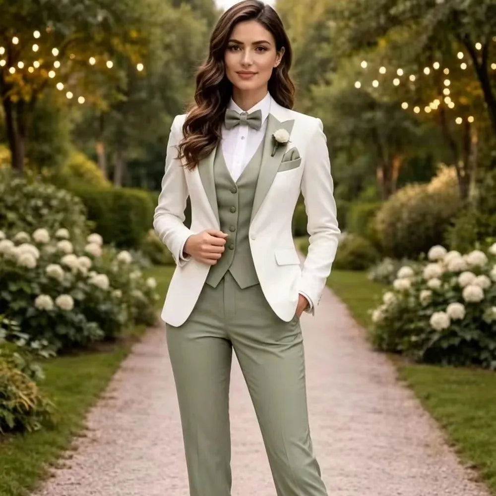 White And Mint Green Formal Business Women Suit Wedding Party Prom Mother Girl Tuxedos Costume 3 Piece Set Blazer Vest Pants