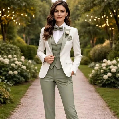 White And Mint Green Formal Business Women Suit Wedding Party Prom Mother Girl Tuxedos Costume 3 Piece Set Blazer Vest Pants