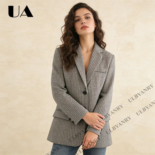 Houndstooth Blazer Jacket, Classic Plaid Suit Coat for Women Office Work Business Casual Vintage Style