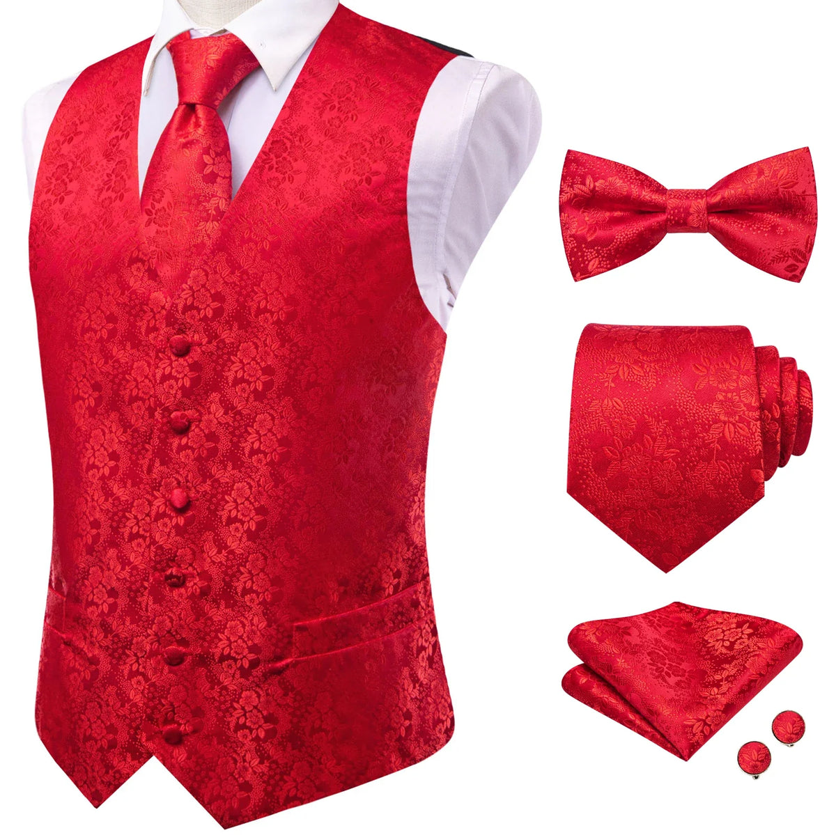 Men's Jacquard Waistcoat 5-Piece Set – Double Breasted Vest with Tie, Bow Tie, Pocket Square & Cufflinks for Weddings & Formal Events