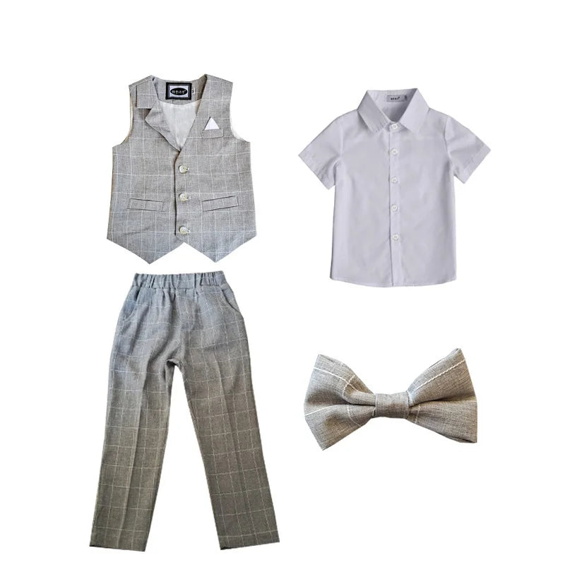 Baby Boys Formal Birthday Photograph Suit Kids Vest Shirt Pants Bowtie Wedding Dress Teenager Suit Children Graduation Costume