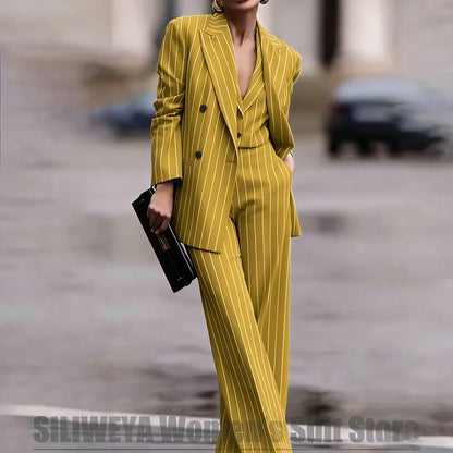 Navy Women's Striped 3 Piece Suit Double Breasted Blazer Vest Wide-Leg Pants Set Fashion Formal Party Office Casual Outfit
