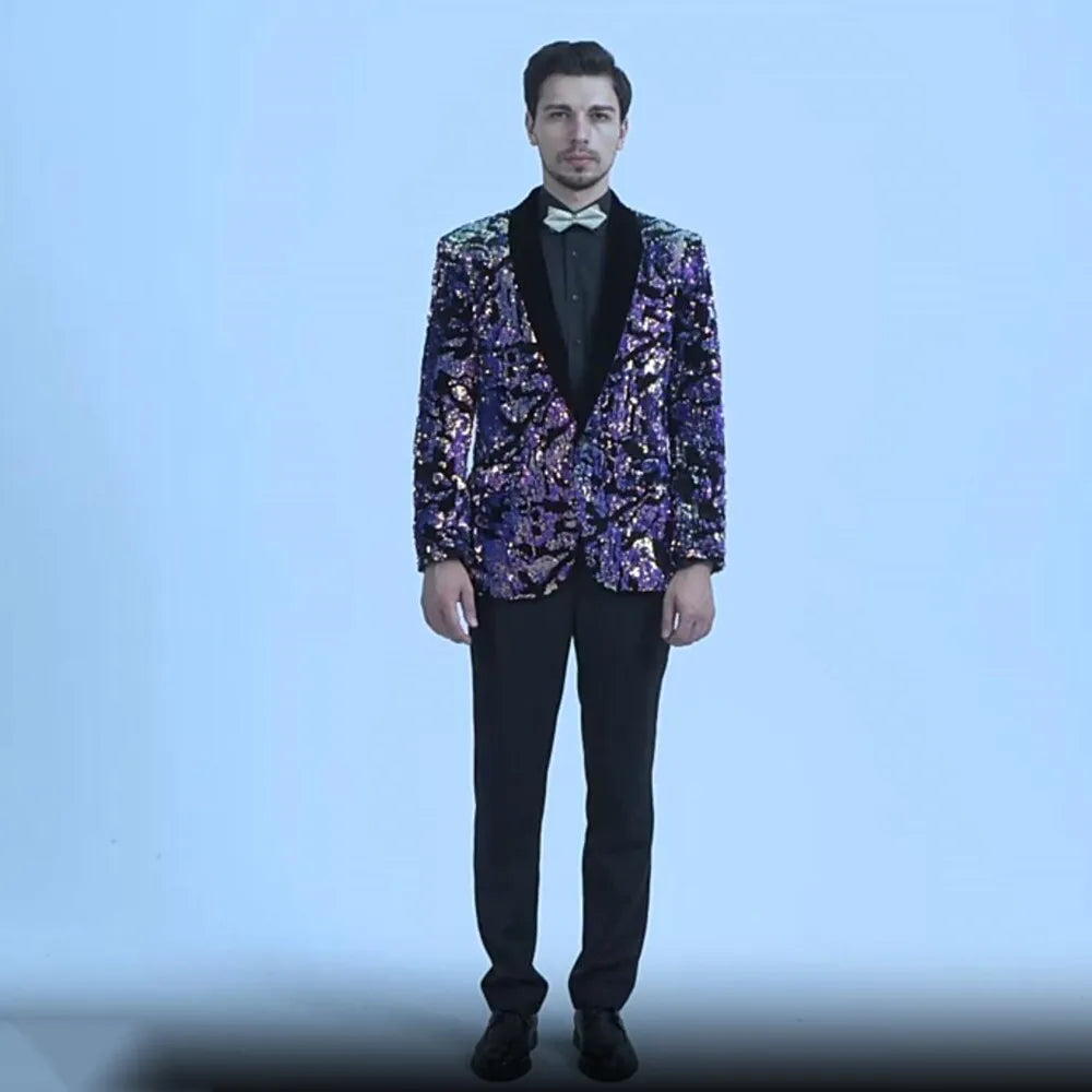 Men's Slim Fit Velvet Tuxedo Blazer Sequin Shawl Lapel One Button Wedding Party Banquet Jacket Shiny Suit Singer Studio Shoot