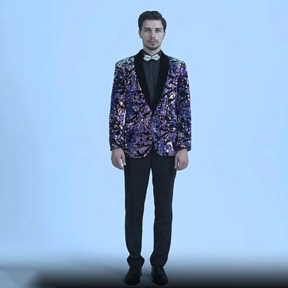 Men's Slim Fit Velvet Tuxedo Blazer Sequin Shawl Lapel One Button Wedding Party Banquet Jacket Shiny Suit Singer Studio Shoot