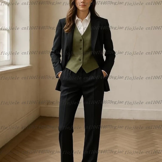 Black And Army Green Formal Business Women Suit Wedding Party Prom Ladies Mother Girl Tuxedos 3 Piece Set Blazer Vest Pants