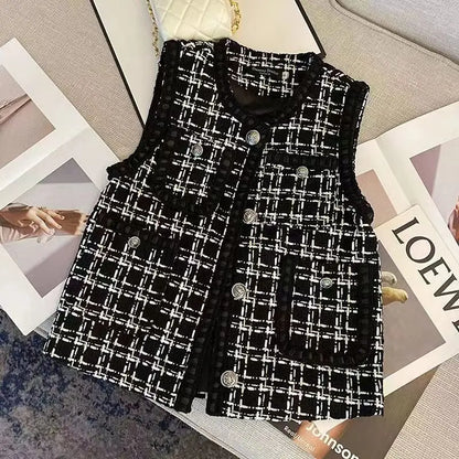 Spring Autumn Women's Vest New Plaid Single-breasted Sleeveless Small Fragrance Jacket Female Waistcoat Outerwear Chaleco Mujer