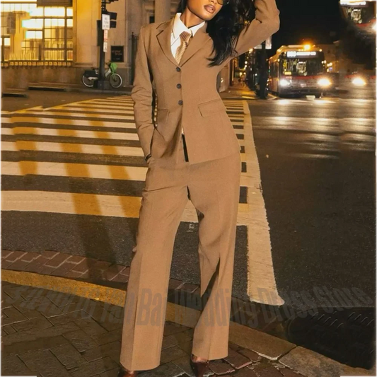 High Street Solid Suit For Women Classic Notched Lapel Single Breasted Fashion Casual Female Outfit Two Piece(Jacket+Pants)