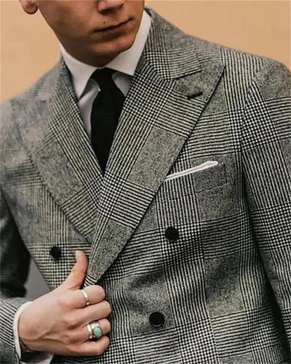 British Style Patterned Men's Suit 2 Piece (Jacket+Pants) Double Breasted Regular Fit Peak Lapel Business Wedding Banquet Suits