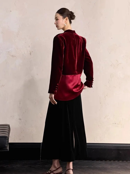 One Button Velvet Spliced Women Blazers Contrast Color Suit Jacket V-Neck Work Lady Loose Fit Outerwear Long Sleeve Autumn Coat