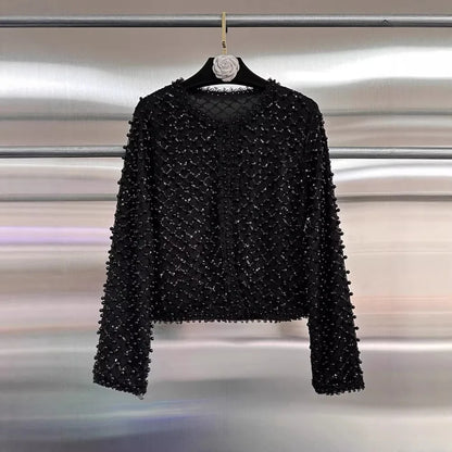 High Street Embroidered Flares Patchwork Mesh Jacket Long-sleeved O-Neck Slim-fit Pearl Jackets 2026 Women Coat 2026 New