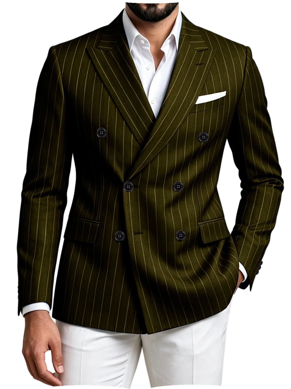 Men Striped Double Breasted Suit Jacket Notch Lapel Business Slim Fit Formal Blazer Elegant Lightweight Dress Coat For Prom Work