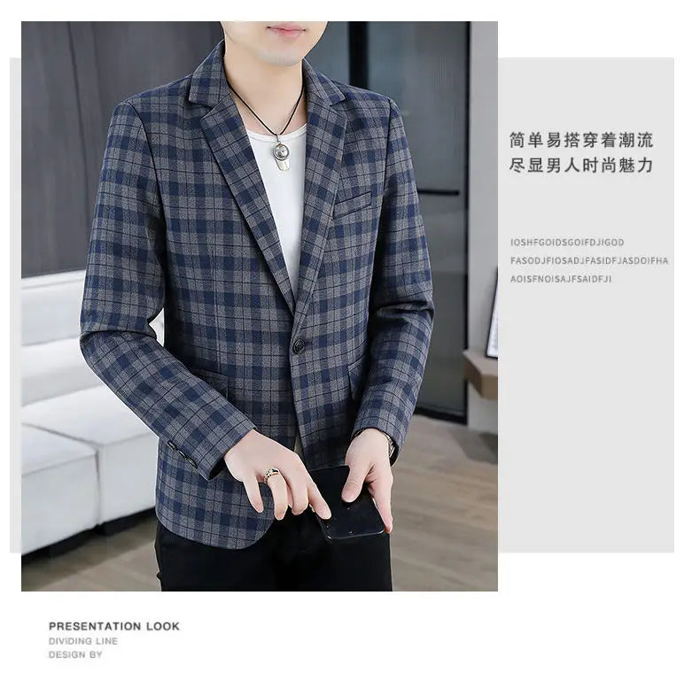 Men's Smart Casual Plaid Blazer – Single Breasted, Slim Fit, Spring Autumn