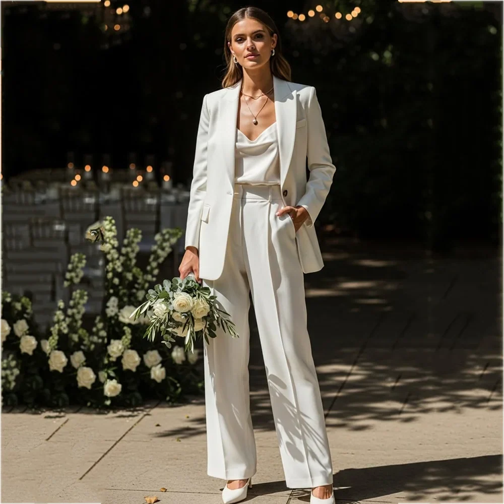Pure White Women's Suit Solid Color Two Pieces Peak Lapel One Button Regular Fitted Blazer Trousers Set Elegant Lady Set