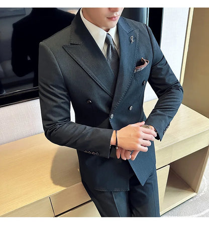 (Jackets +Pants ) Men's Suits 2 Piece High-Quality Double Breasted Lapel Solid Business Groom Wedding Tuxedo Banquet Clothing