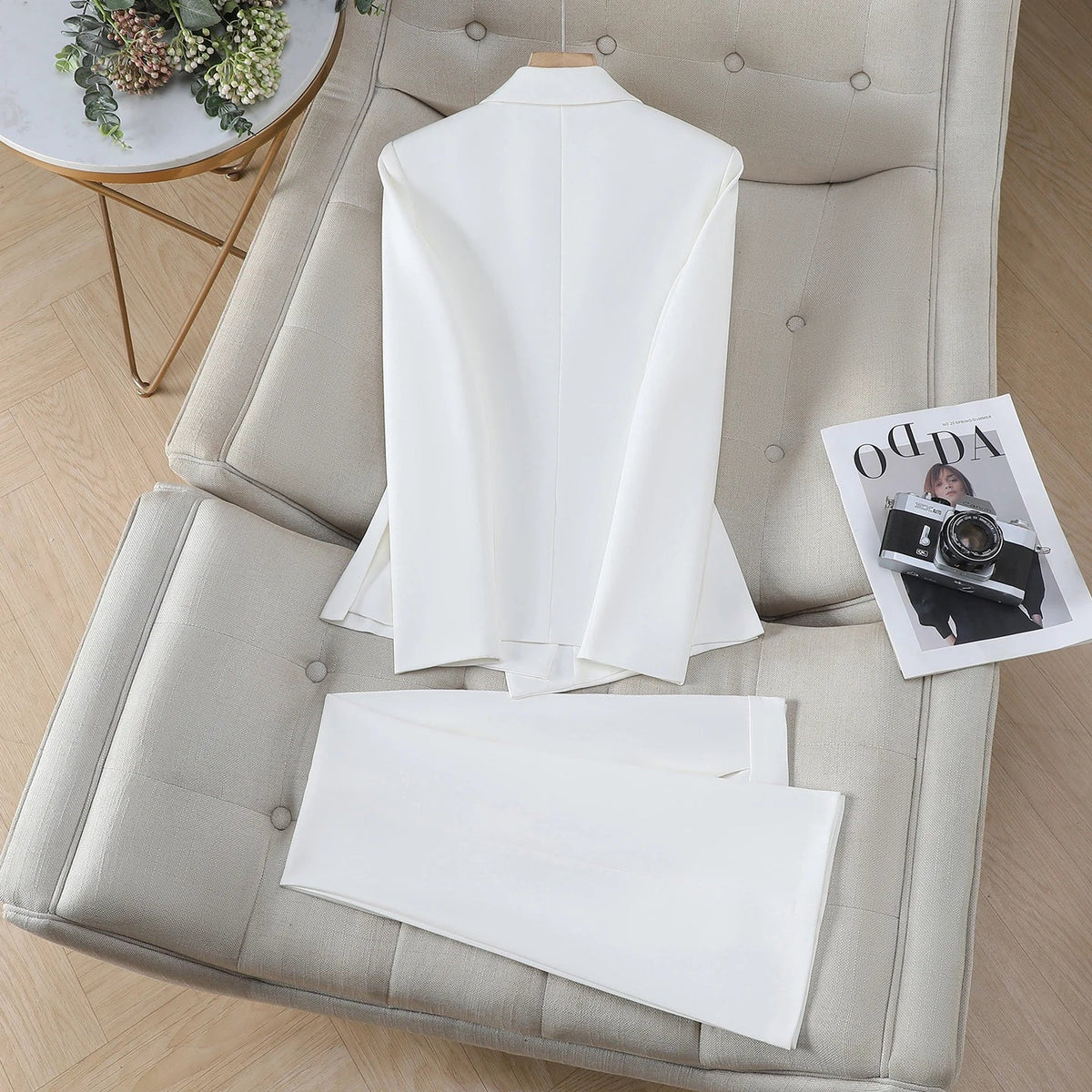Elegant Chic One Button Blazer Pants Set for Woman 2 Pieces Sets Autumn Office Lady Work Jacket and Trousers Suit White
