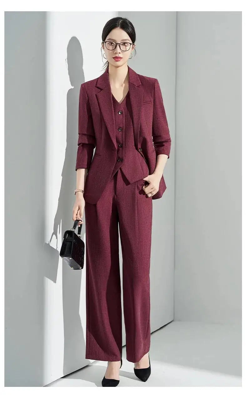 Formal Office Lady Slim Fit 2 Piece Suits Autumn Dark Brown Single Button Blazer And Pants Elegant Business Female Work Wear