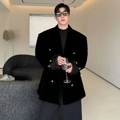 Double Breasted Korean High Quality Blazer Original Elegant Temperament Casual Male Suit Jackets Velvet New Coats LZ7346