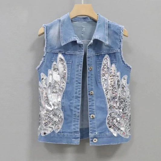 Korean Fashion Denim Vest Female Spring Summer Coats New Sequined Sleeveless Short Jacket Women Jean Waistcoat Outerwear