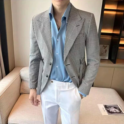 2025 Autumn Winter Classic Checkered Suit Jacket for Men Belt Decoration Slim Fit Casual Business Blazers Social Party Jacket