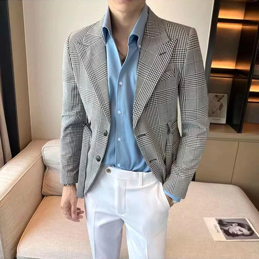 2025 Autumn Winter Classic Checkered Suit Jacket for Men Belt Decoration Slim Fit Casual Business Blazers Social Party Jacket