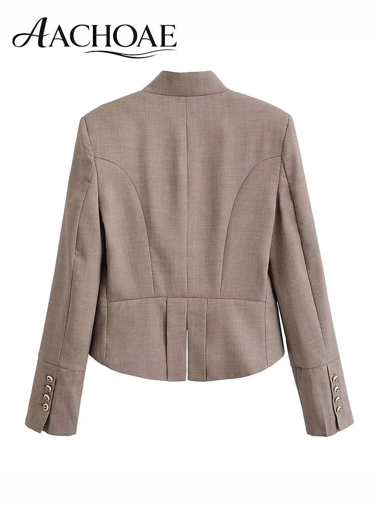 Elegant Women Cropped Blazer Jacket Double Breasted Button Slim Fit Short Suit Coat Office Lady Chic Tailored Blazer Top