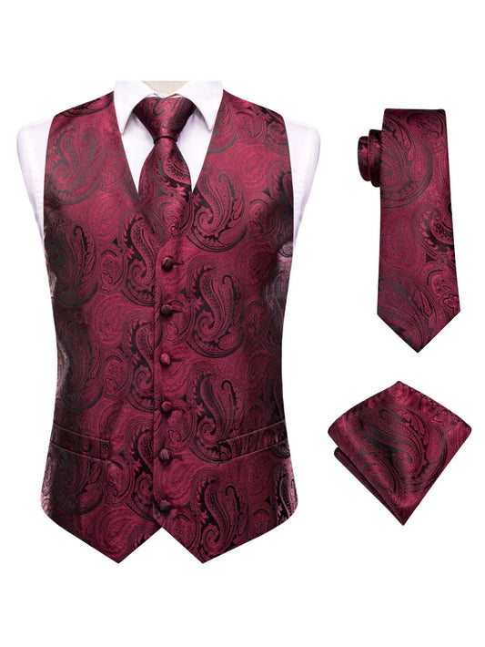 Men's Suit Vest Set Burgundy Shiny Paisley Jacquard Waistcoat with Necktie and Pocket Square for Wedding and Prom