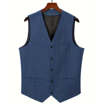 Men's Herringbone Suit Vest – V-Neck Single Button Waistcoat for Weddings, Business & Smart Casual Wear