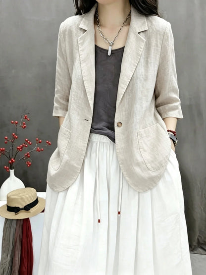 2026 New Summer Casual Cotton Linen Short Coat Women's Pure Color Suit Top Versatile Loose Fit Thin Material Seven Sleeve