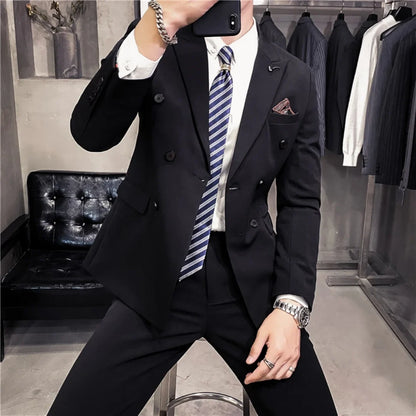 Men's 2 Piece Formal Business Suit Set with Tie Two Button Wedding Groomsmen Party Jacket And Pants Ensemble