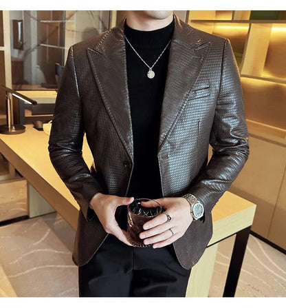 Korean Waffle Leather Suit Jacket Men's Business Casual PU Leather Blazer Slim Fit Wedding Groom Office Social Formal Coats 2026