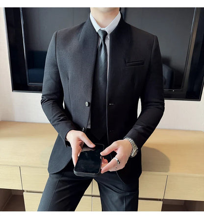 Waffle New Chinese Stand-Up Collar Suit Coats Men Slim Fit Business Casual Fashion Suits Jacket Formal Social Prom Party Tuxedos