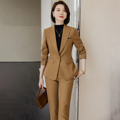 Ladies Blazer And Pant Suit Formal Army Green Khaki Gray Black Solid Women Jacket Trouser Female Business Work Wear 2 Piece Set