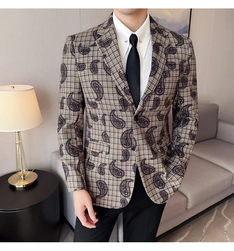 2025 Fashion Embroidery Jacquard Suit Jacket Korean Style Slim Fit Business Formal Social Prom Party Tuxedos Men Clothing 5XL-M