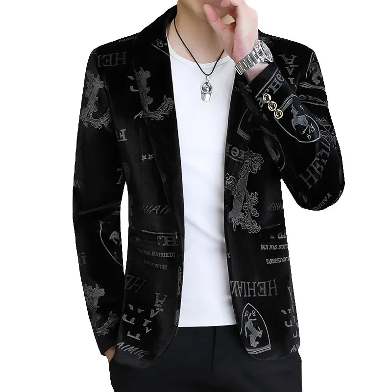 Brand Clothing Luxury Velvet Suit Jacket Men Fashion Bronzing Printed Blazer Masculino Slim Fit Casual Business Social Blazers
