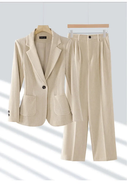 2024 Autumn New Corduroy Elegant Pant Suit Ladies Formal Business Work Wear 2 Piece Set Black Coffee Jacket Blazer And Trouser