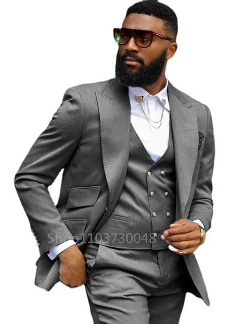 Formal Solid Men 3 Piece Wedding Suit Groom Tuxedo Slim Fit Peak Lapel Jacket Business/Wedding Suit Sets(Blazer+Pants+Vest)