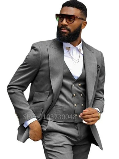 Formal Solid Men 3 Piece Wedding Suit Groom Tuxedo Slim Fit Peak Lapel Jacket Business/Wedding Suit Sets(Blazer+Pants+Vest)