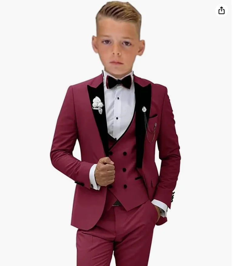 Beige Boys Suit Jacket Vest Pants Set Peaked Lapel Blazer Wedding Tuxedos for Kids Party Stage Dress Child Formal Suit