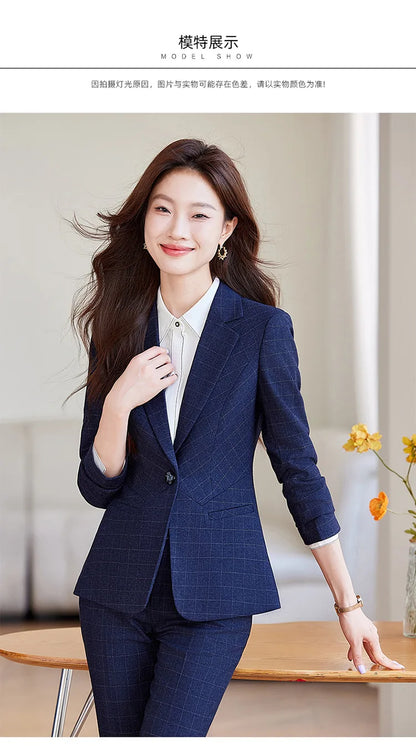 2024 Spring Autumn New Retro Plaid Elegant Blazer Coat And High Waist Pencil Pant Two Piece Set Women's Suit Business Clothing
