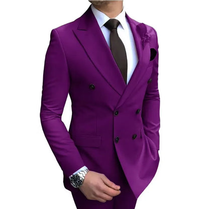 Formal Men's Suits 2 Pieces Jacket Pants Handsome Peak LapelDouble Breasted Suit Set For Men Groom Tuxedo Party Prom Hot Sale