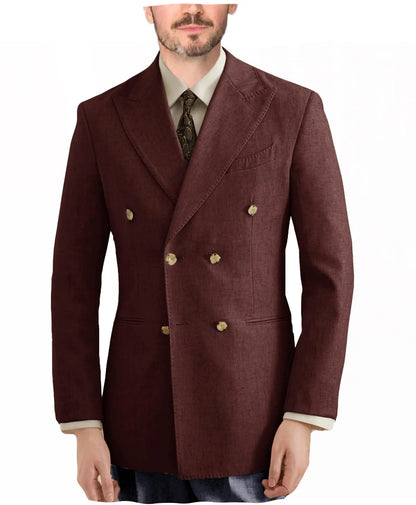 Burgundy Linen Blend Double Breasted Men's Blazer Peak Lapel Slim Fit Tailored Formal Men Suit Jacket For Wedding Groom Business