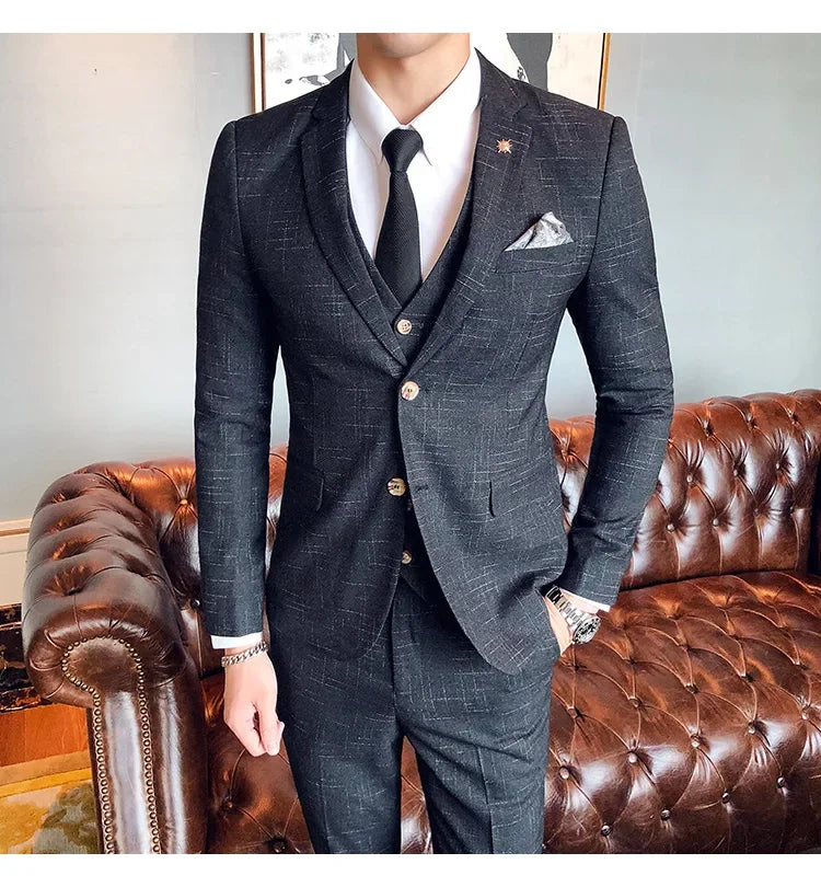 Men's 3-Piece Striped Formal Suit – Blazer, Vest & Trousers | Italian Style Business Gentleman