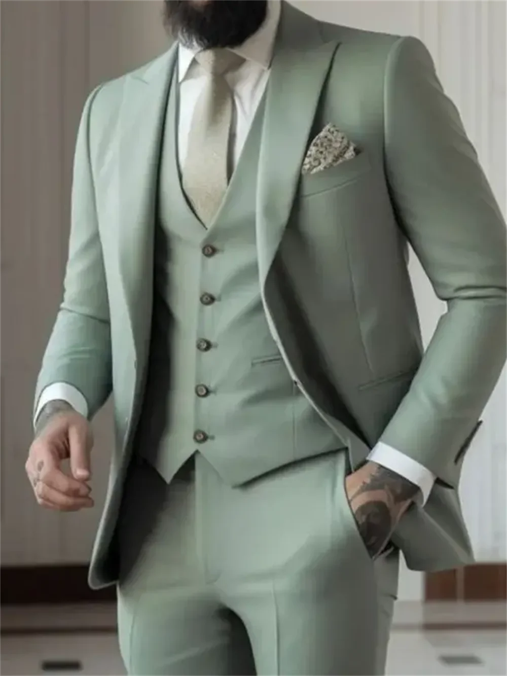 Men's 3 Piece Slim Fit Suit – Sage Green Single Breasted Jacket, Vest & Trousers for Wedding & Formal Occasions