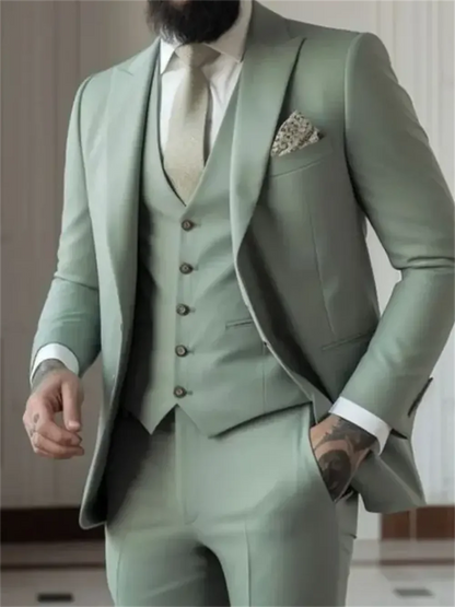 Men's 3 Piece Slim Fit Suit – Sage Green Single Breasted Jacket, Vest & Trousers for Wedding & Formal Occasions