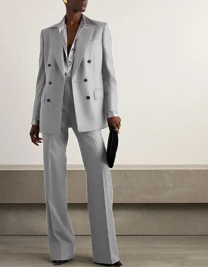 Fashion Grey Double Breasted Women Pants Set High-end Female Two Pieces(Jacket+Trousers)أطقم بناطيل