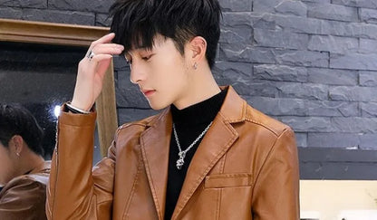 Men's Faux Leather Blazer Jacket Autumn Winter Warm Fleece Lined Casual Versatile Outerwear