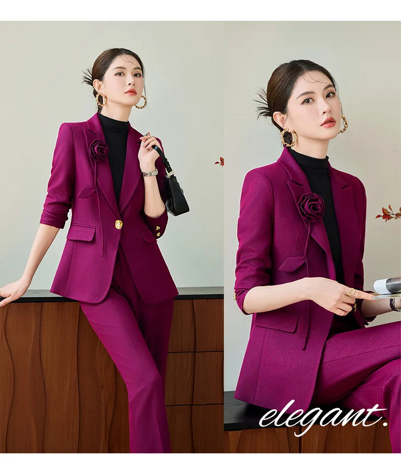 Hot Selling Autumn Winter Women's Professional Suit New Fashion Formal Slim Blazer And Trousers Two Piece Work Uniform