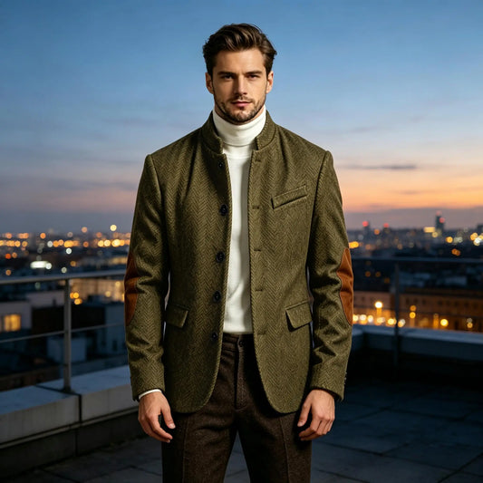 Men Herringbone Tweed Stand Collar Blazer Slim Fit Jacket Elbow Patches Vintage Business Autumn Winter Casual Gentleman Outfit